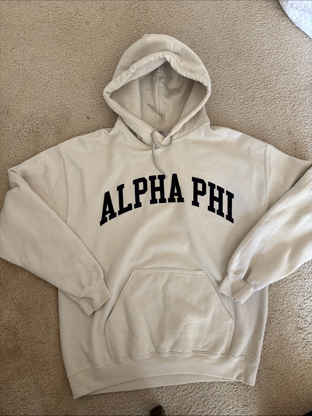 Gildan Cream Alpha Phi Hoodie with Black Lettering